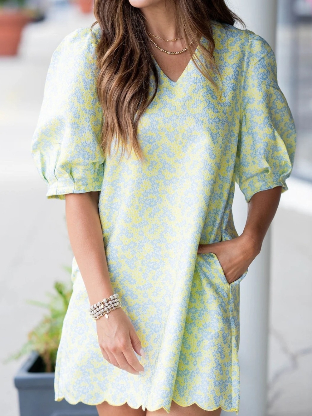 JODIFL Pastel Yellow & Light Blue Puff Sleeve Shift Dress NWT S/M/L